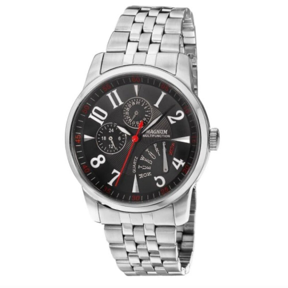 Magnum Multifunction Watch Day Date 24H Black Dial Stainless Steel Bracelet New